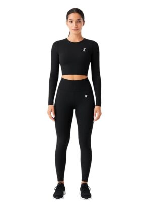 Women's Athletic 2-Piece Compression Set, Black Long Sleeve Lycra Spandex Crop Top with High Waist Leggings, Performance Stretch Fabric, Athletic Fit, Quick Dry, Gym wear