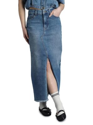 INKD Women's Denim Skirt - Midi Skirt with Front Slit | Long Straight Fit Skirt for Women | Skirt for Woman