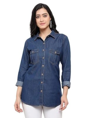 Women's Denim Shirt with Regular Fit Solid Pattern Long Sleeve Collared Neck and Button Down Closure|Women's Denim Shirt