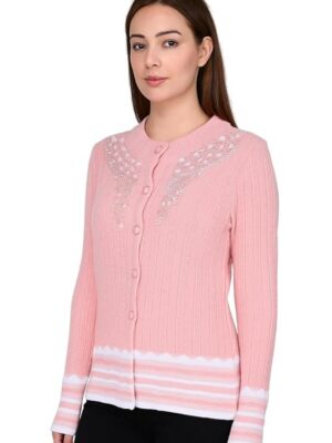 Women's Pink Ribbed Cardigan with Floral Embroidery, Button Front, Long Sleeve, Striped Hem Detail