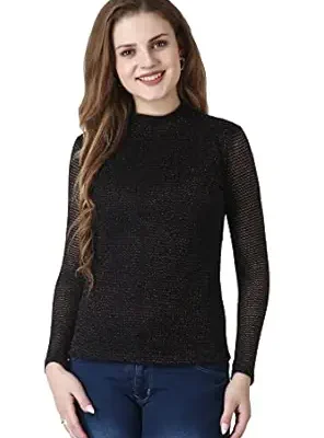 POPWINGS Casual Black-Golden Shimmer Net Top for Women || Full-Sleeves Halter-Neck Women Top for Summer