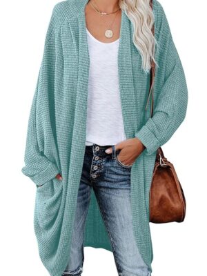 ZoeAce Womens Open Front Knit Cardigan Long Batwing Sleeve Oversized Sweater Chunky Waffle Cable Boho Pockets Coat, Cyan, Large