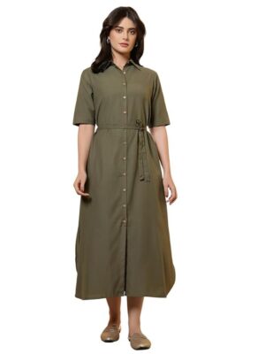 Women's Regular Fit Button Closure Belted Linen Opaque Shirt Midi Dress