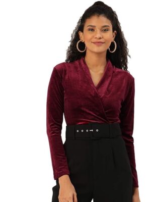 Anvi Be Yourself Women's Solid V Neck Long Sleeve Velvet Wrap Bodysuit || One Piece Full Sleeve Wrap Body Suit for Women || Women Velvet Wrap Style Top Casual Bodysuit with Button Closure