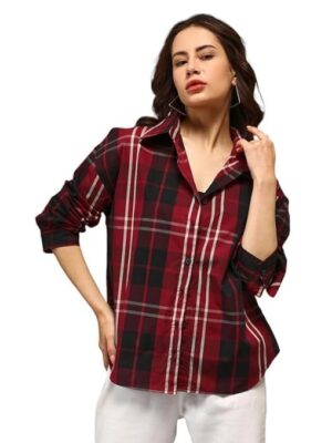 Campus Sutra Women's Polyester Blend Oversized Fit Shirt Buffalo-Check for Casual Wear | Spread Collar | Long Sleeves | Button Closure | Oversized Shirt Crafted with Comfort Fit for Everyday Wear