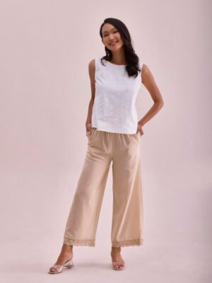 GO COLORS Women's Solid Mid Rise Linen Relaxed Fit Wide Pant