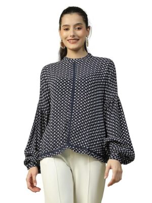 oxolloxo Women Floral Print Round Neck Long Sleeve Lace Detail Top