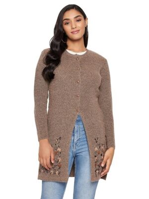 Clapton Embroidered Cable Knit Pure Wool Cardigan, Regular Fit, Round Neck, Full Sleeves,