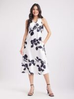 FableStreet Women's Satin Midi Dress - White and Black