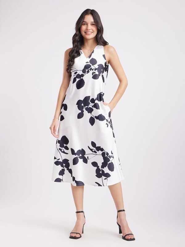 FableStreet Women's Satin Midi Dress - White and Black