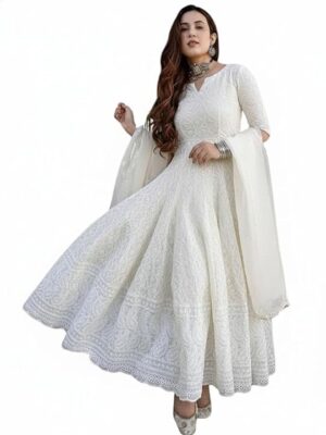 Women's Cotton Chikankari Long Anarkali Kurti with Dupatta