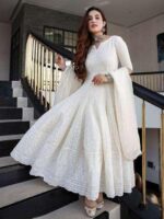 Women's Cotton Chikankari Long Anarkali Kurti with Dupatta