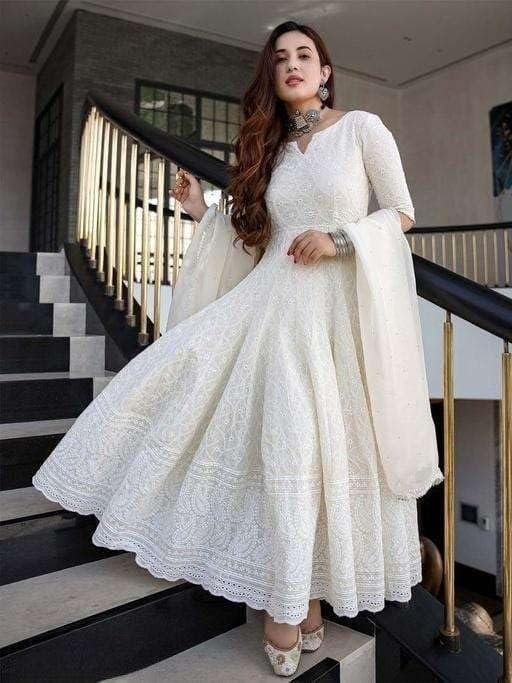 Women's Cotton Chikankari Long Anarkali Kurti with Dupatta