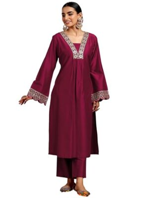 Libas Gerua Womens Yoke Design Silk Blend Straight Kurta With Trousers