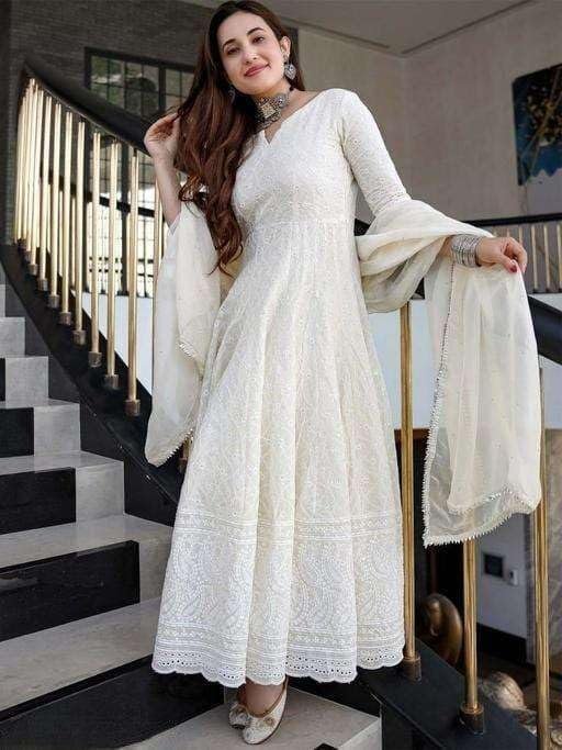 Women's Cotton Chikankari Long Anarkali Kurti with Dupatta