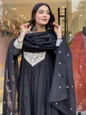 Naixa Women's Silk Chiffon Embroidered A-Line Kurta with Rayon Pant and Silk Chiffon Laced Dupatta Sets (Available in Plus Size) (NX-661)