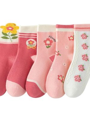 SYGA 5 Pairs Baby Girl Boy Socks, Toddlers Infant Cotton Warm Stretch Crew Socks with Flower Design, Suitable for Ages 2-5 Years old baby