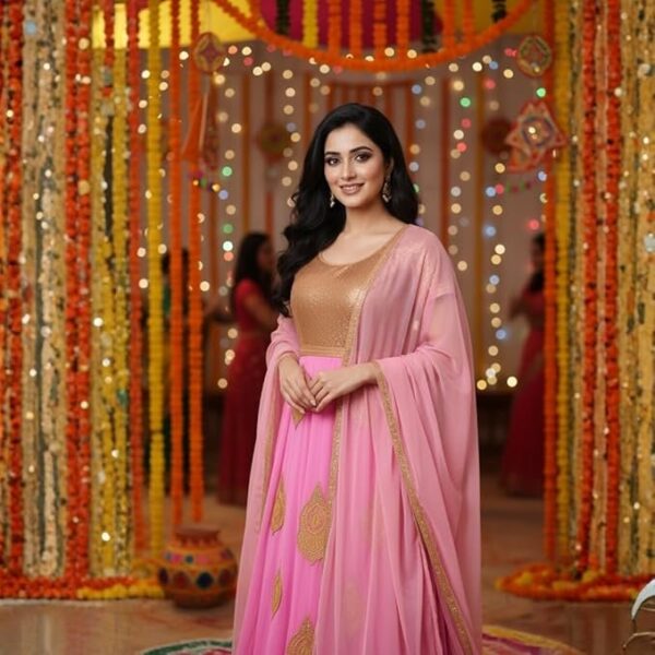 Women’s Semi-Stitched Pink Georgette Anarkali Suit with Dupatta