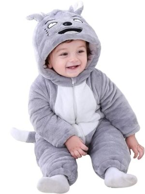BRANDONN Unisex Baby Flannel Jumpsuit Panda Style Cosplay Clothes Bunting Outfits Snowsuit Hooded Romper Outwear (Grey Scars, 6-9 Months)