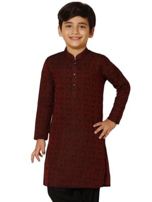 KISAH Boy's Maroon Jacquard Silk Blend Kurta- Regular Fit with Mandarin Collar|Traditional Indian