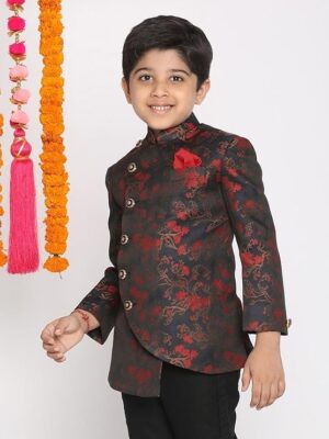 JBN Creation Boys' Full Sleeve Silk Blend Kurta Pyjama Set with Mandarin Collar, Featuring Ethnic Motifs, Self-Design, and Embellishments - Perfect for Festivals and Special Occasions