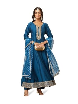 Myx Women's Embroidered Anarkali Kurta Pant Set with Organza Dupatta