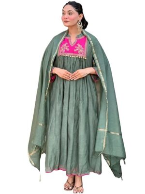 GoSriKi Women's Rayon Viscose Embroidered Anarkali Kurta with Pant & Dupatta