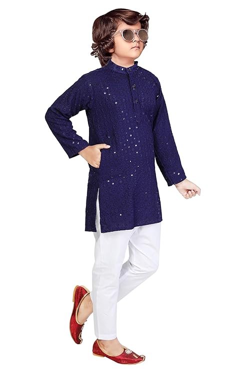 Soft Pure Chikankari Embroidered Cotton Kids Kurta Pyjama Set