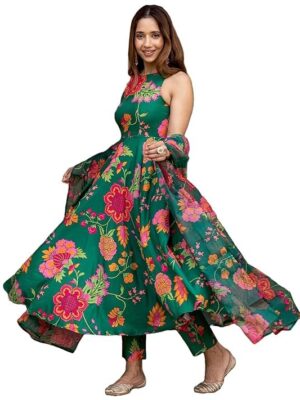 ANNI DESIGNER Women's Cotton Blend Anarkali Printed Kurta with Pant & Dupatta