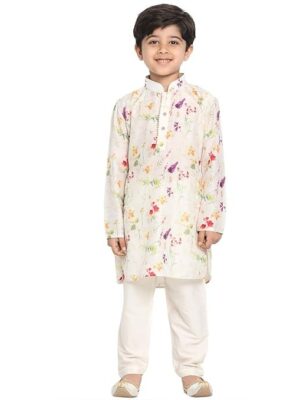 Vastramay Boys Linen Cotton Kurta Set for Independence Day Celebrations- Digital Floral Print Ethnic Wear with Mandarin Collar