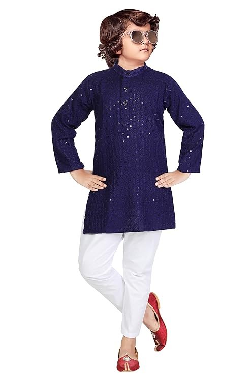 Soft Pure Chikankari Embroidered Cotton Kids Kurta Pyjama Set