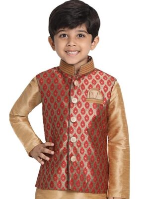 VASTRAMAY Black Cotton Silk Blend Boys Nehru Modi Jacket