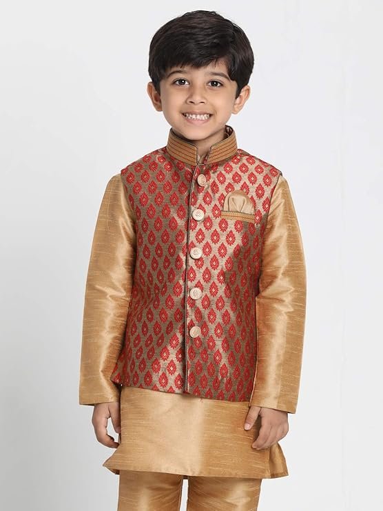 VASTRAMAY Black Cotton Silk Blend Boys Nehru Modi Jacket