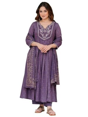 Amazon Brand - Myx Women's Embroidered Anarkali Kurta Pant Set with Organza Dupatta