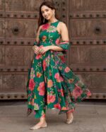 Women's Cotton Embroidery Anarkali Kurti and Pant with Dupatta Set