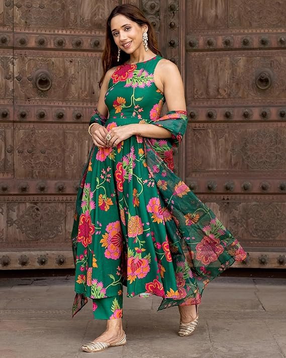 Women's Cotton Embroidery Anarkali Kurti and Pant with Dupatta Set