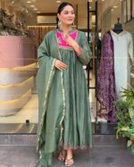 GoSriKi Women's Rayon Viscose Embroidered Anarkali Kurta with Pant & Dupatta