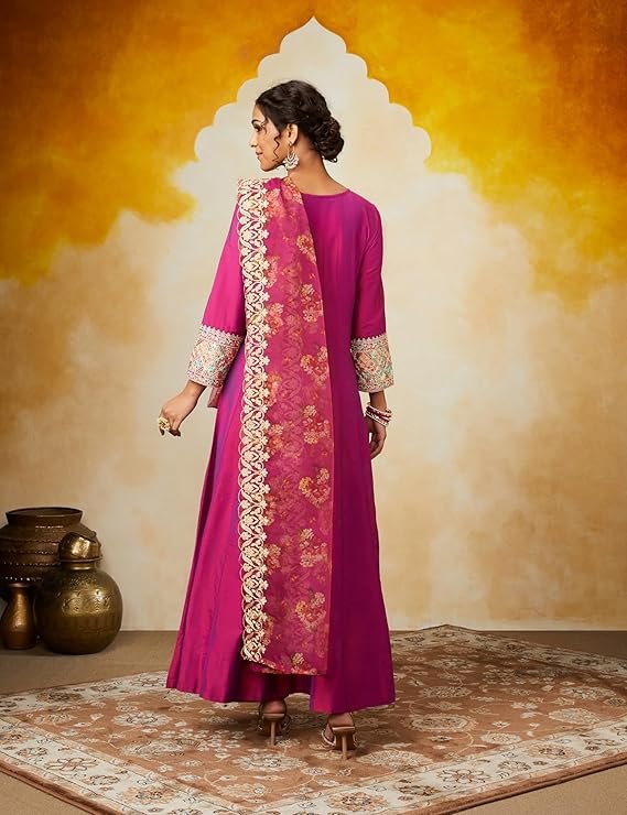 Myx Women's Embroidered Anarkali Kurta Pant Set with Organza Dupatta