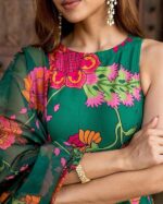 Women's Cotton Embroidery Anarkali Kurti and Pant with Dupatta Set