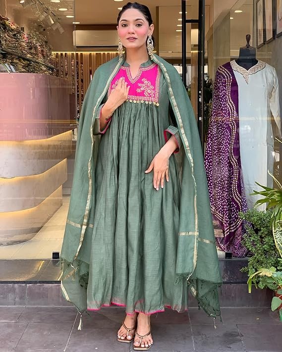 GoSriKi Women's Rayon Viscose Embroidered Anarkali Kurta with Pant & Dupatta