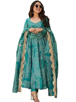 Pinkmint Women's Bandhani Print Flared Anarkali Muslin Kurta Set with Pant & Stylish Dupatta Ethnic Long Sleeve Dress Suit Set