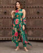 Women's Cotton Embroidery Anarkali Kurti and Pant with Dupatta Set