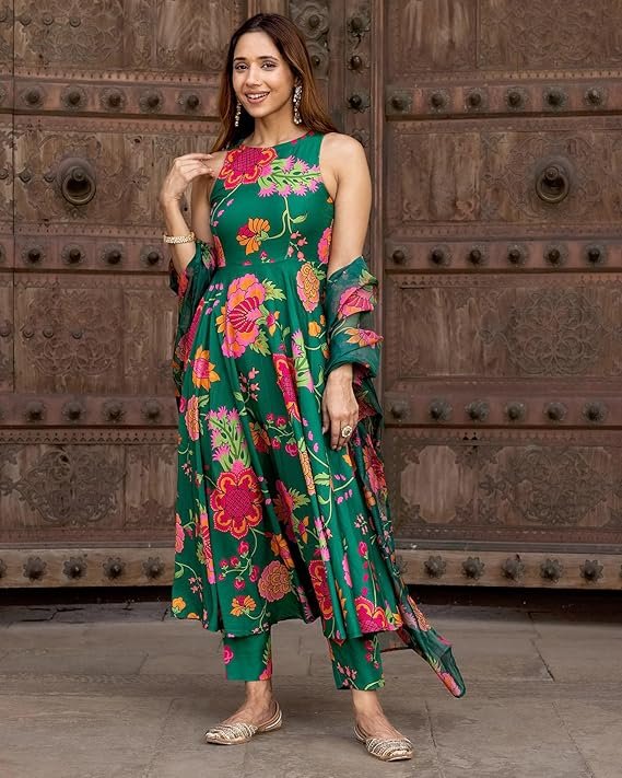 Women's Cotton Embroidery Anarkali Kurti and Pant with Dupatta Set