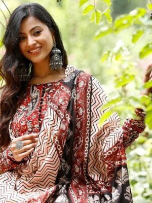 ANNI DESIGNER Women's Cotton Blend Anarkali Printed Kurta with Pant & Dupatta