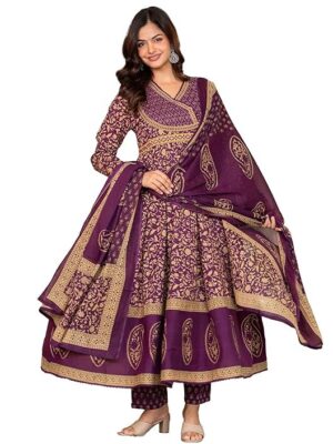 Pistaa's Women's Pure Cotton Anarkali Floral Printed Hand Work Kurta with Pant & Dupatta Set