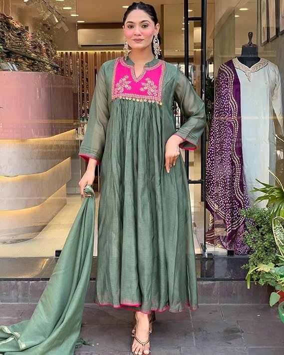 GoSriKi Women's Rayon Viscose Embroidered Anarkali Kurta with Pant & Dupatta