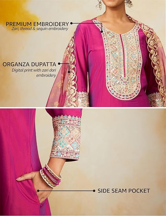 Myx Women's Embroidered Anarkali Kurta Pant Set with Organza Dupatta