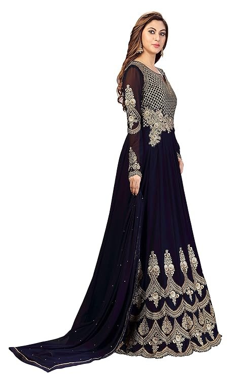 Fashion Basket Women's Purple Georgette Anarkali Gown,Bottom and Dupatta Set