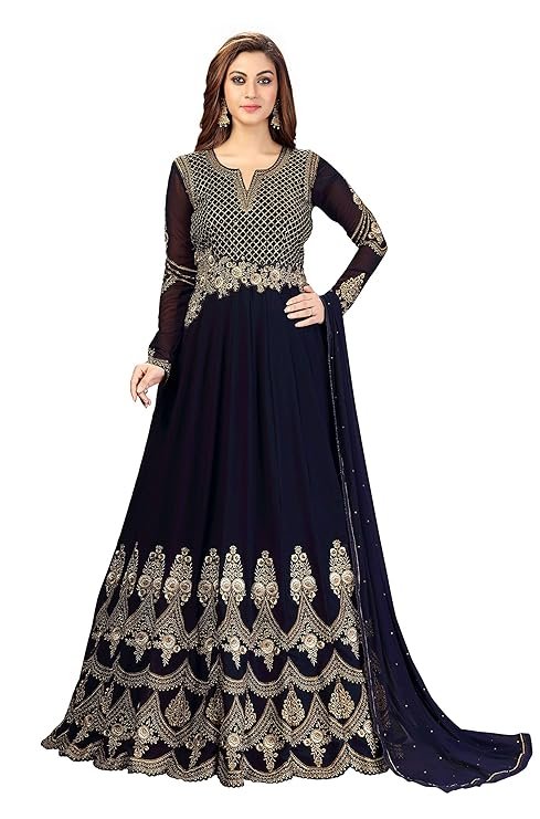 Fashion Basket Women's Purple Georgette Anarkali Gown,Bottom and Dupatta Set